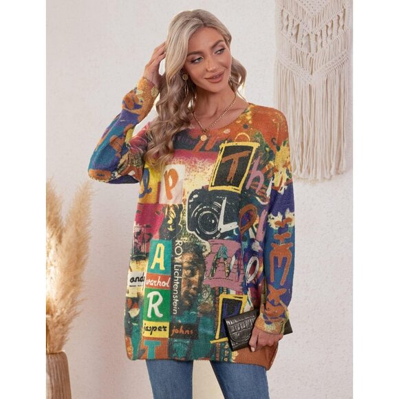 Women Christmas Sweater Graphic Print Oversized Pullover Picture 102 Loose Top - Picture 6 of 6